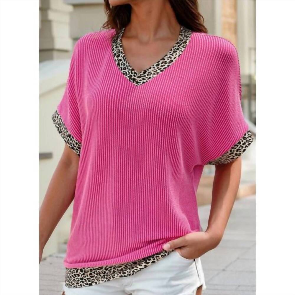 NEW 1 THE WOMAN leopard trim ribbed top in hot pink
